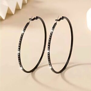 Black Rhinestone Large Hoop Earrings
